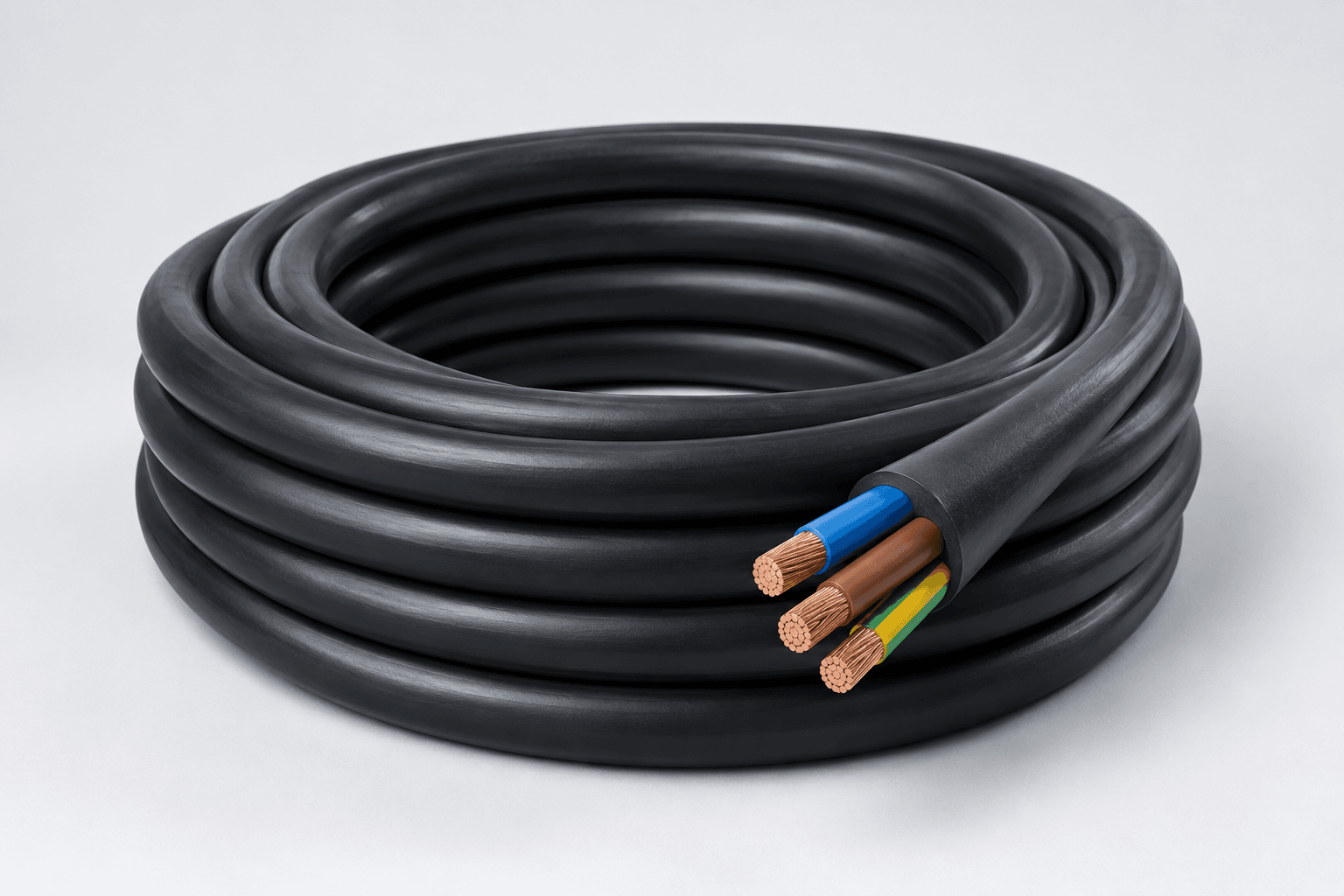 Coiled three-core industrial power cable