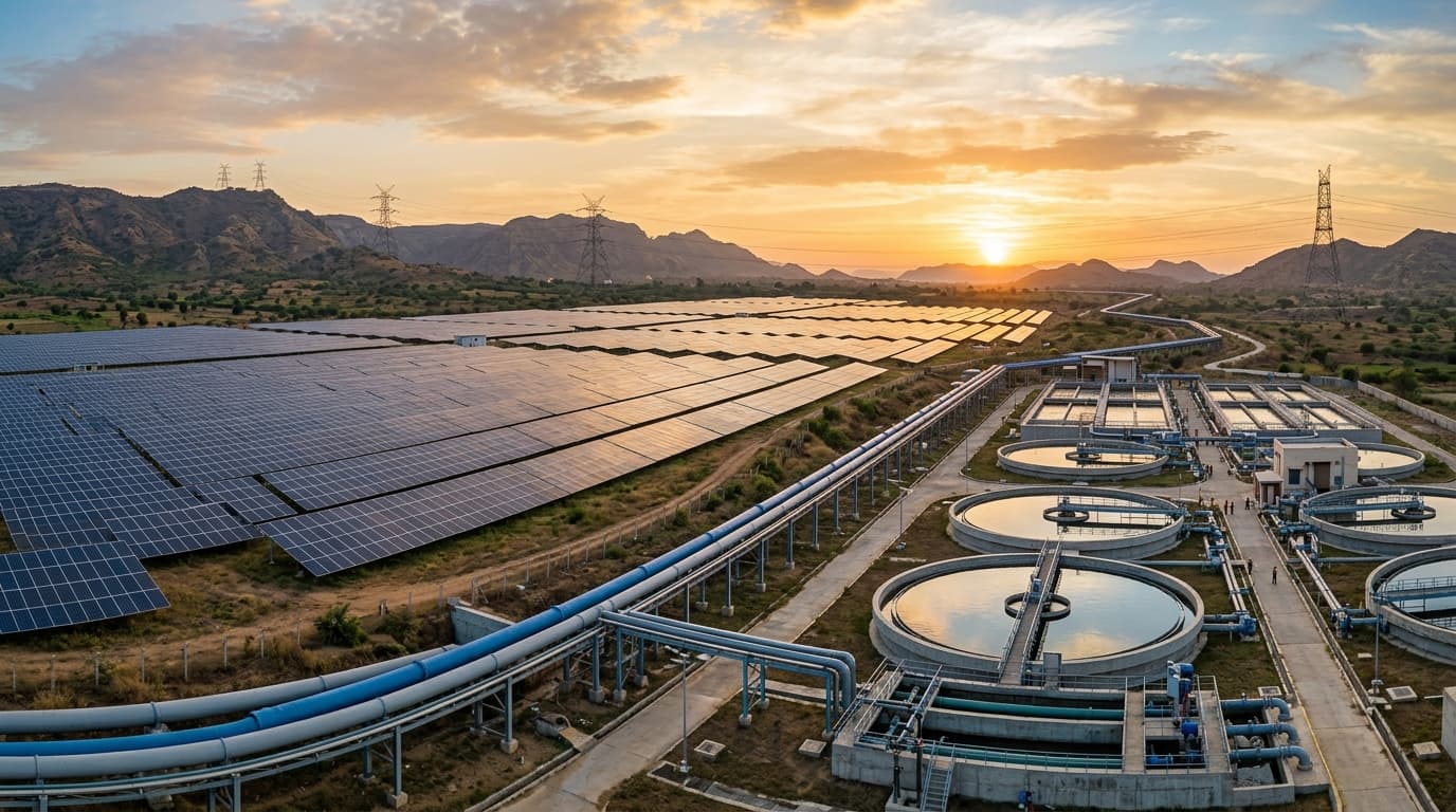Solar arrays beside an urban skyline