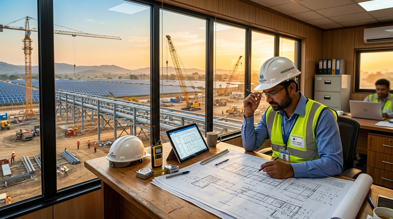 Estellar site office with engineer reviewing project plans overlooking active renewable and civil works
